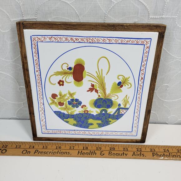Vintage Tile Trivet Semigres Italy Wood Framed Hand Painted Flower Art MCM - Picture 2 of 14